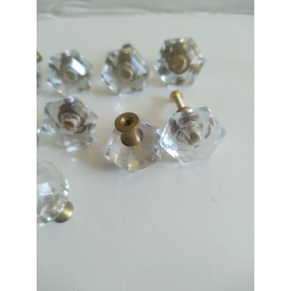 Vintage Cut Glass Drawer Pulls 1 1/4" Hexagonal Brass Inserts (lot of 11) - Picture 12 of 13